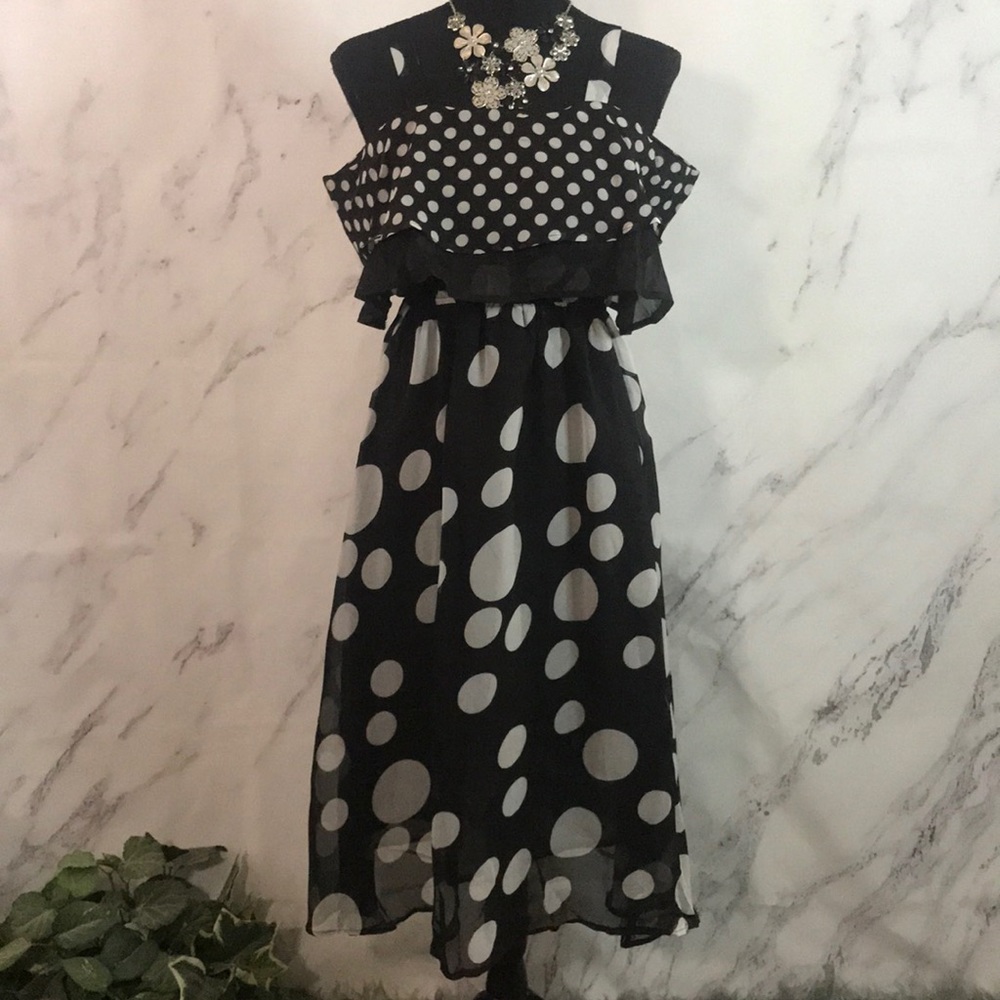 Open Shoulder Polka Dot Dress - Black